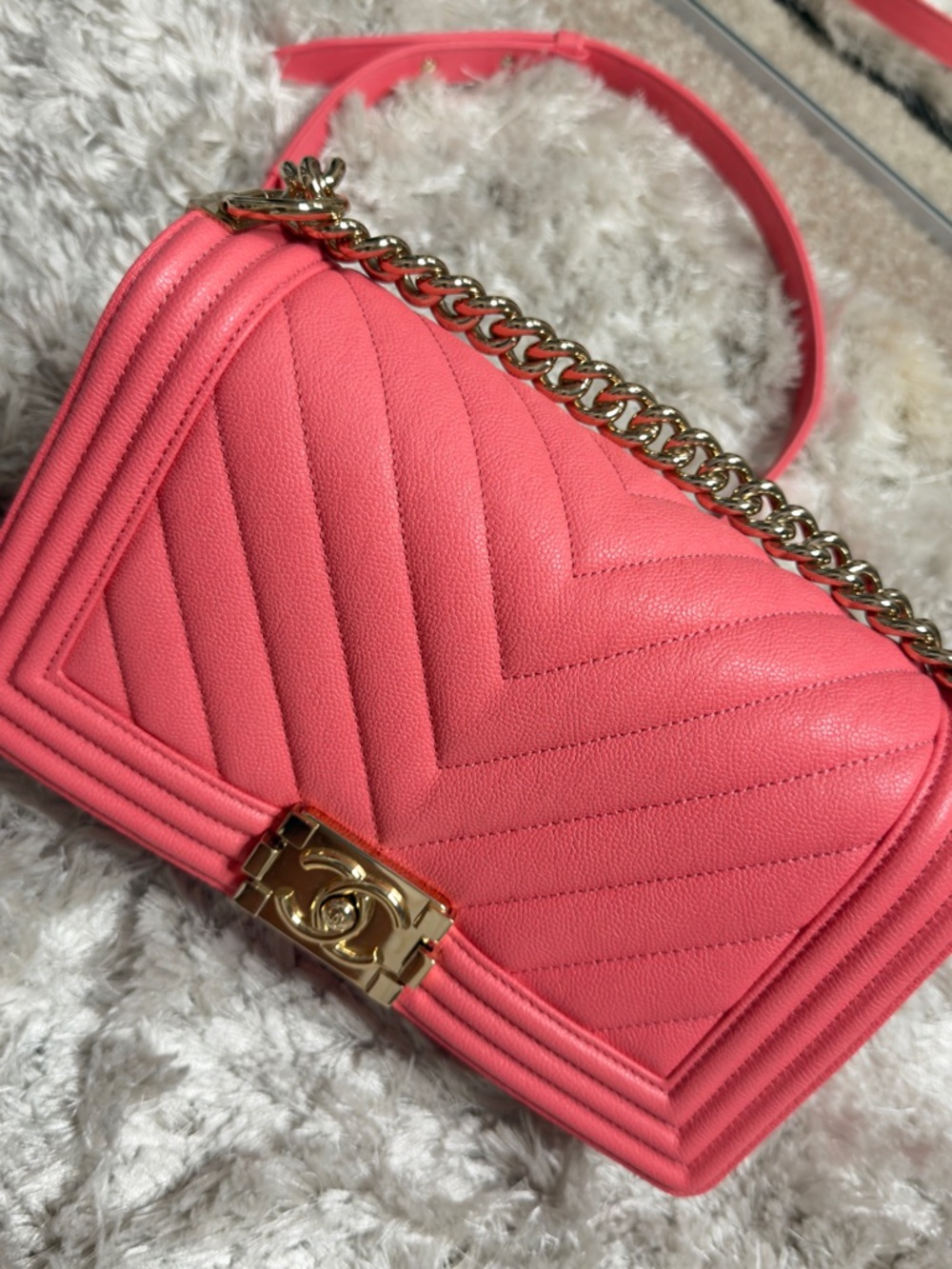 CHANEL Coral Quilted Chevron Crossbody with Gold Chain